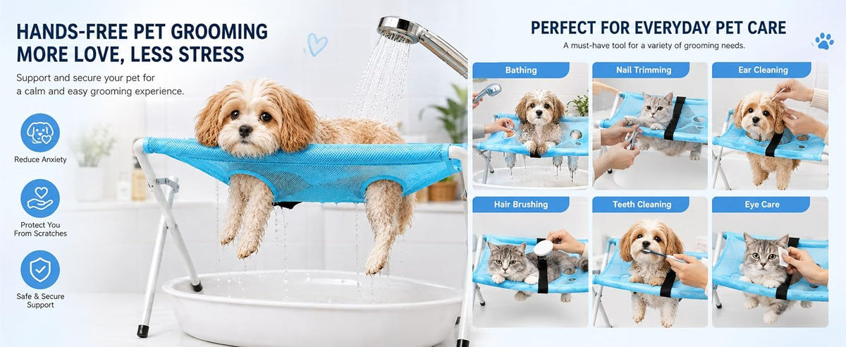 Pet Grooming Hammock Stand — Foldable Bath & Nail Trimming Holder for Cats & Small Dogs