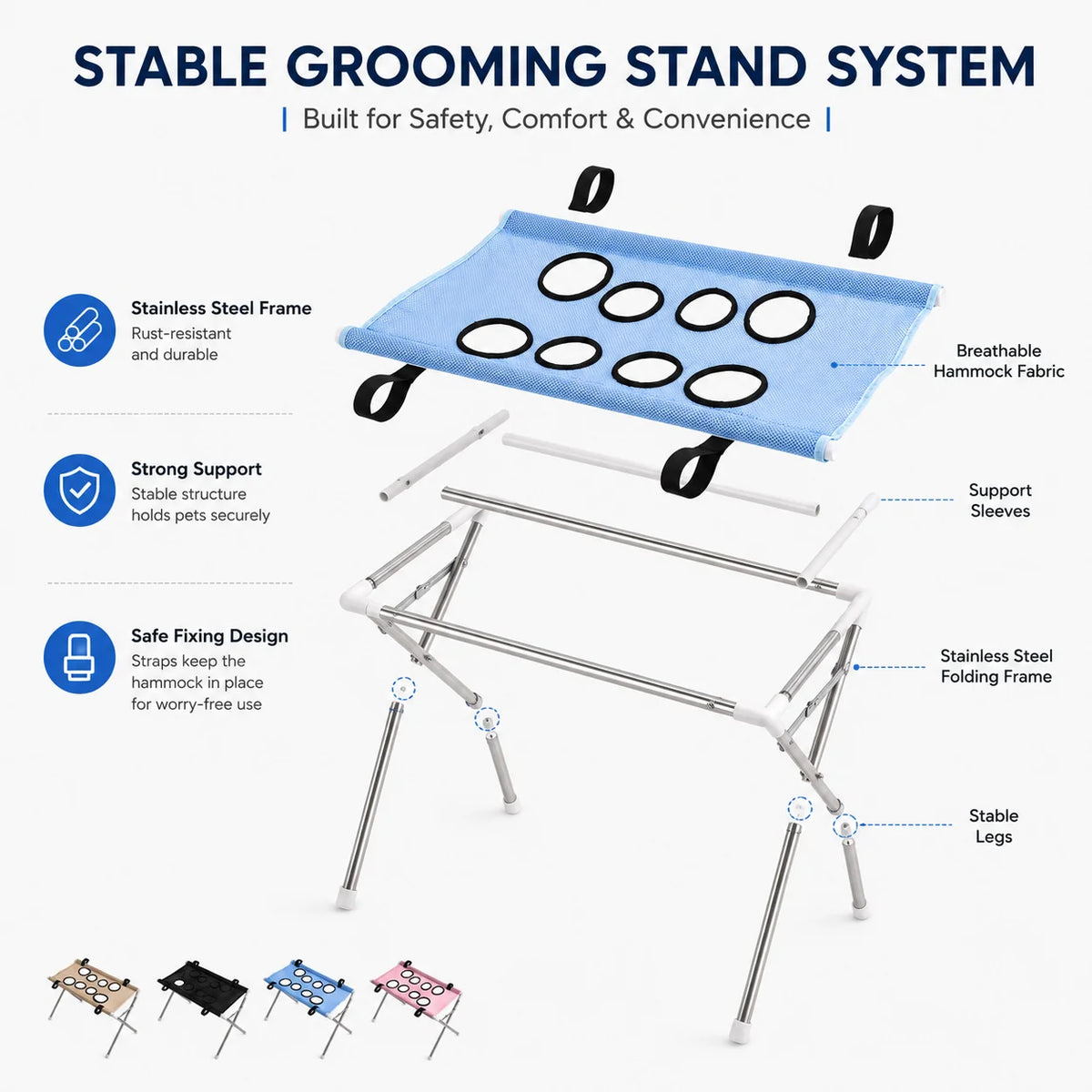 Pet Grooming Hammock Stand Foldable Dog Cat Nail Clipping Harness Stainless Steel Portable Breathable Mesh Grooming Care Tool